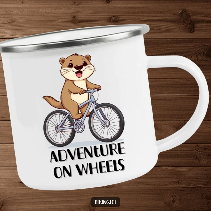 Funny otter in a camping mug, happily pedaling a bicycle with oversized wheels, a durable and humorous funny gift for adventurers.