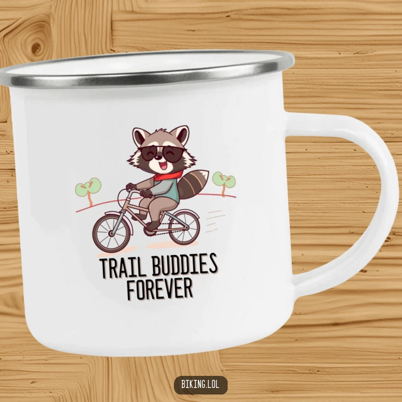 Funny raccoon camping mug, a jolly raccoon pair speeding downhill on a tiny tandem bike, durable and humorous.