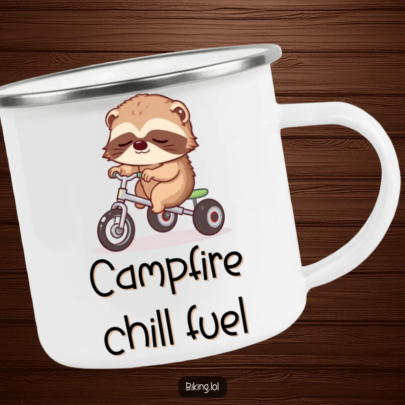 Funny camping mug featuring a sleepy sloth slowly pedaling a tricycle, for slow outdoor enjoyment.