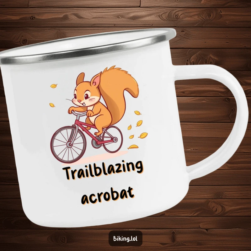 Funny camping mug illustration of a determined squirrel comically riding a bicycle in nature, leaving a trail of leaves.