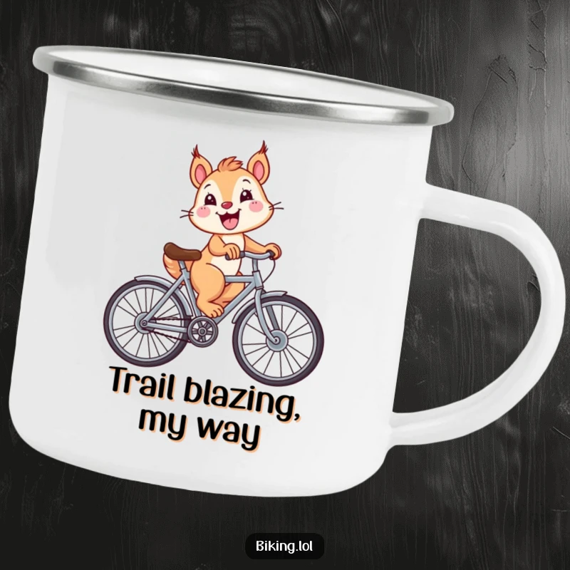 Funny squirrel on a bicycle with oversized wheels and a huge smile, designed for this durable and humorous camping mug.
