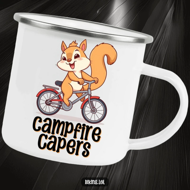 Funny camping mug with a giggling squirrel riding a bicycle backwards, ideal for funny gifts.