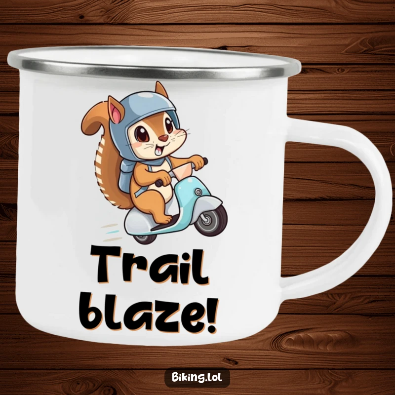 Funny camping mug showing a squirrel with a helmet, eyes wide, speeding downhill on a scooter, perfect for adventurous, humorous outdoor moments.