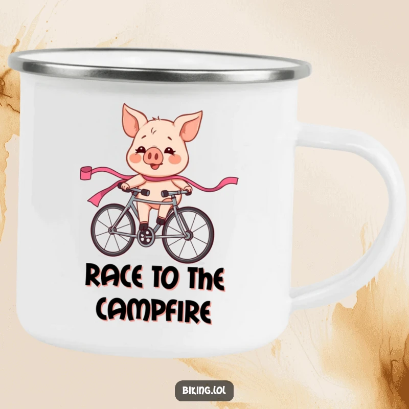 Funny pig character in a bicycle race, looking flushed and exhilarated, trailing a pink ribbon, designed for a sturdy camping mug.