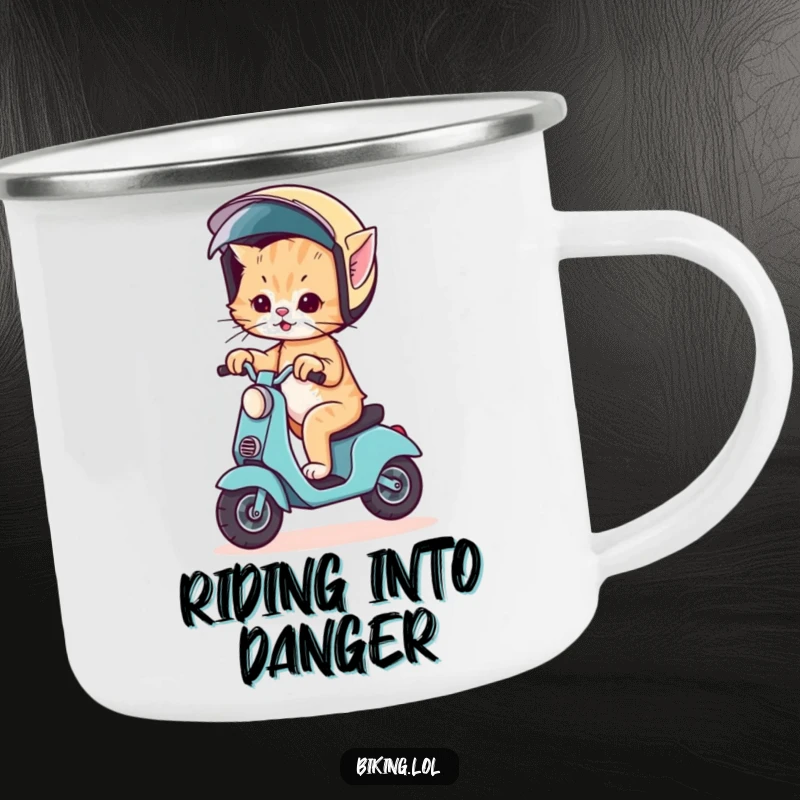 Funny camping mug showing a wobbly kitten riding a scooter, wearing a comically large helmet, perfect for outdoor adventures.