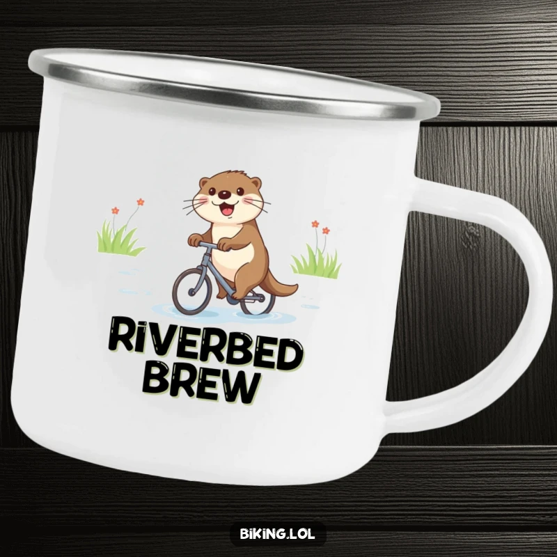 Funny camping mug featuring a joyful otter riding a bicycle down a river, for outdoor use.