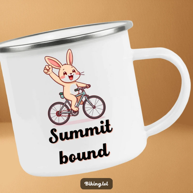 Funny camping mug with a cheerful rabbit cycling uphill, pumping arm, ideal for funny gifts.