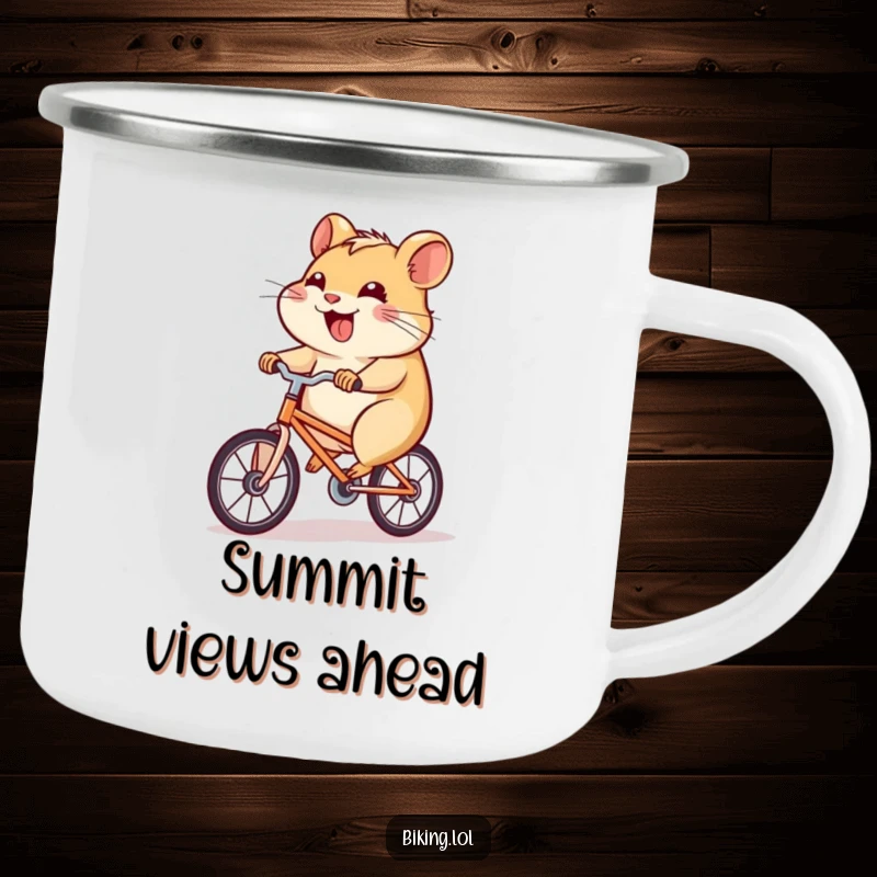 Funny hamster camping mug with a determined hamster pedaling a tiny bicycle uphill with a joyful grin, durable and witty.