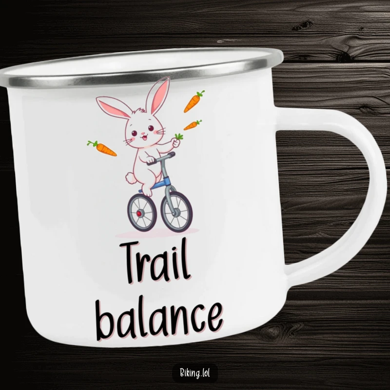 Funny rabbit skillfully balancing on a unicycle, juggling carrots, designed for adventure on a durable camping mug.