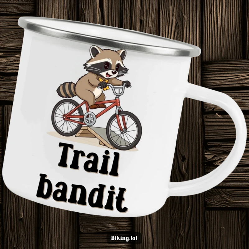Funny playful raccoon attempting a jump over a small ramp on a vintage bicycle on a sturdy camping mug.