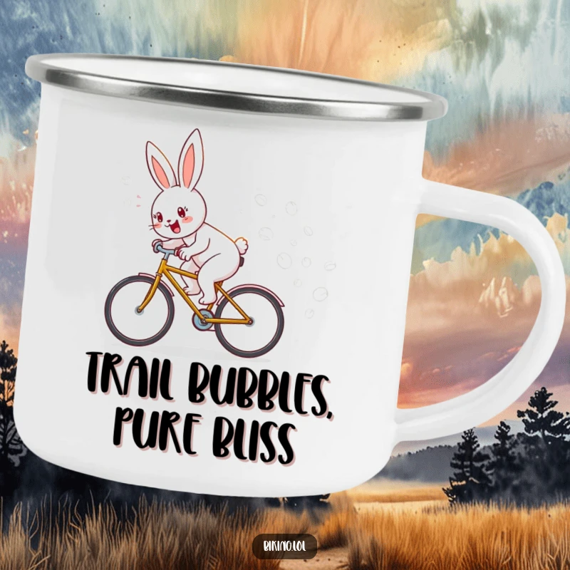 Funny camping mug featuring a bunny cycling through nature, leaving a trail of bubbles, a durable funny gift for outdoors.