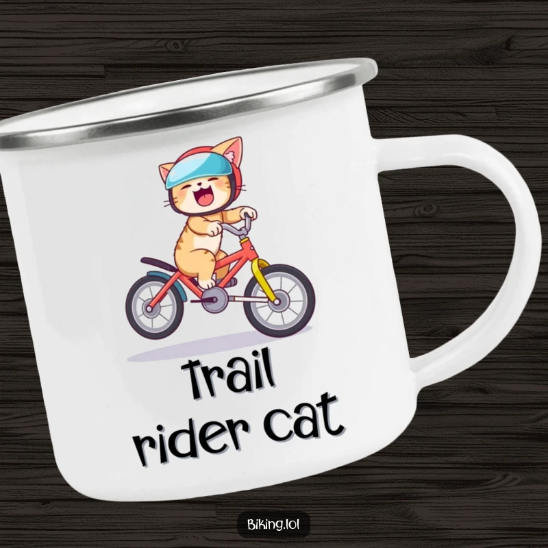 Funny cat camping mug featuring a giggling cat in a helmet doing a bike wheelie, built for adventure and laughter.