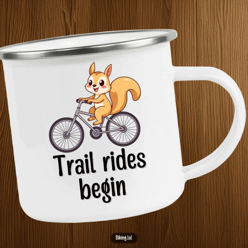 Funny playful squirrel riding a bicycle with large wheels on a camping mug, ideal for outdoor fun.