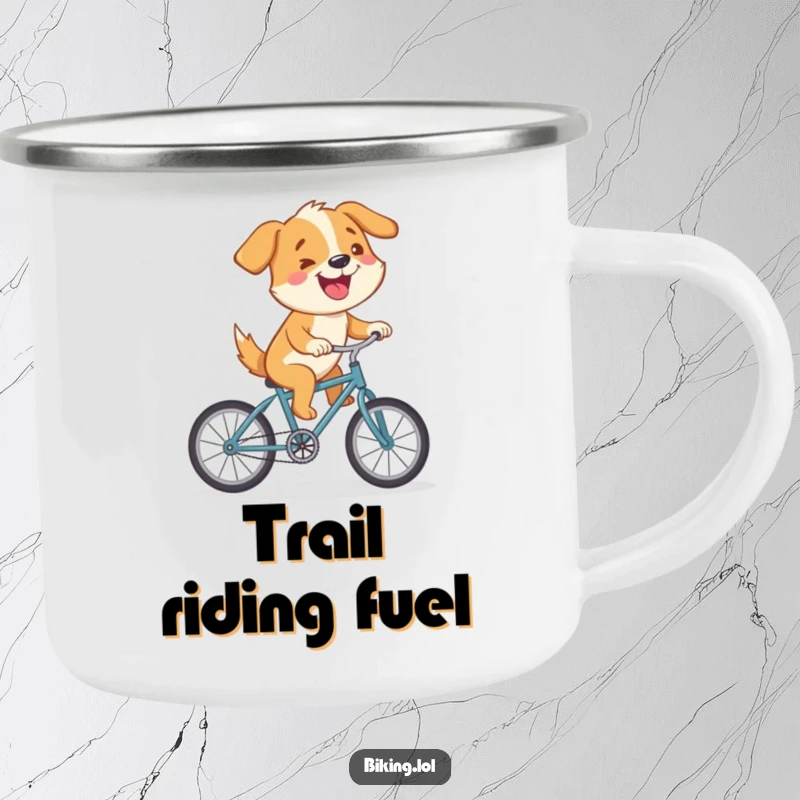 Funny camping mug showing a cartoon dog riding a tiny bicycle uphill, perfect for outdoor enthusiasts with a sense of humor.