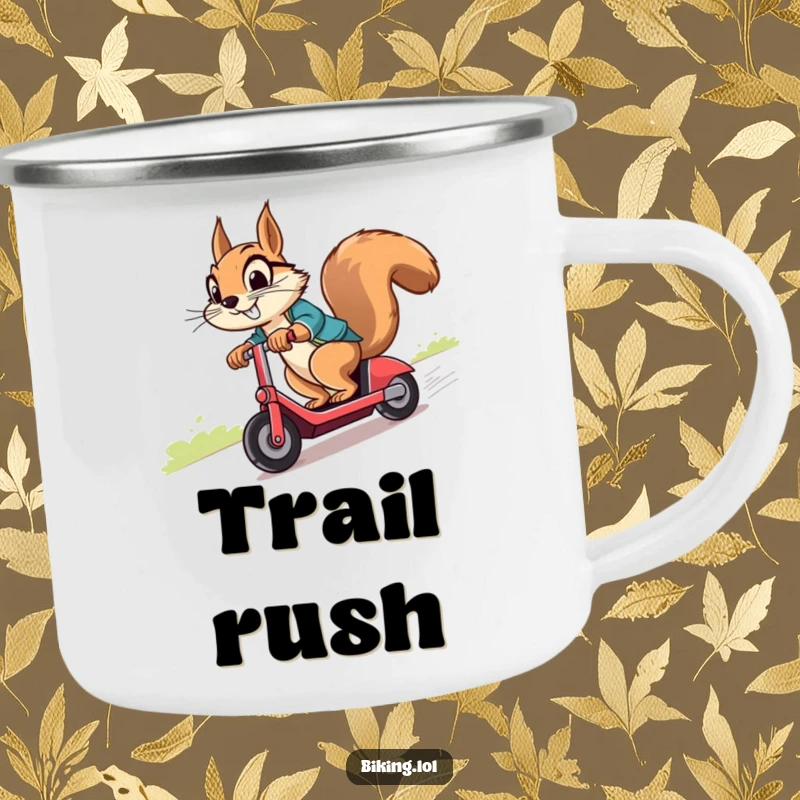 Funny squirrel with a cheeky grin, riding a scooter downhill, ready for adventure on a durable camping mug.