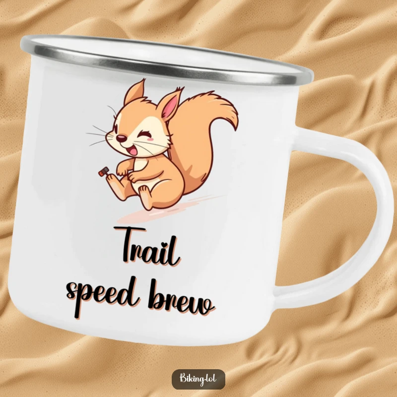 Funny camping mug featuring a playful squirrel cycling downhill fast, wind in fur, for outdoors.
