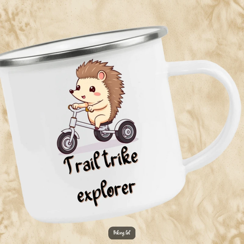Funny camping mug with a curious hedgehog excitedly pointing forward while riding a tricycle.