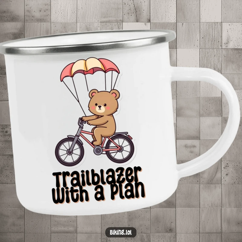 Funny bear camping mug, a determined bear riding a bike with a parachute, durable and humorous for outdoors.