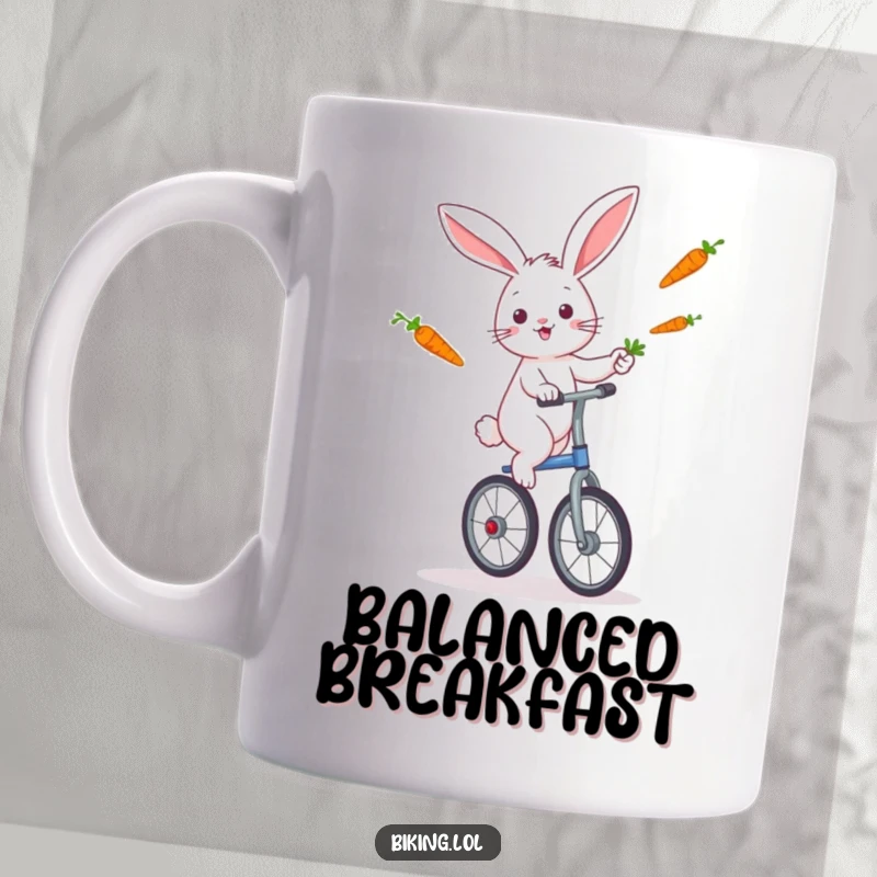 Funny rabbit skillfully riding a unicycle while juggling bright orange carrots on a coffee mug.