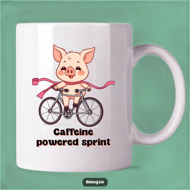 Funny Pig Race Mug: Exhilarated Cyclist Character Pink Ribbon Gift