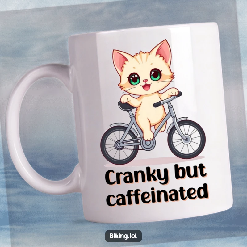 Funny kitten mug, delighted with wide eyes, precariously balancing on a stationary bicycle crank, looking surprised.