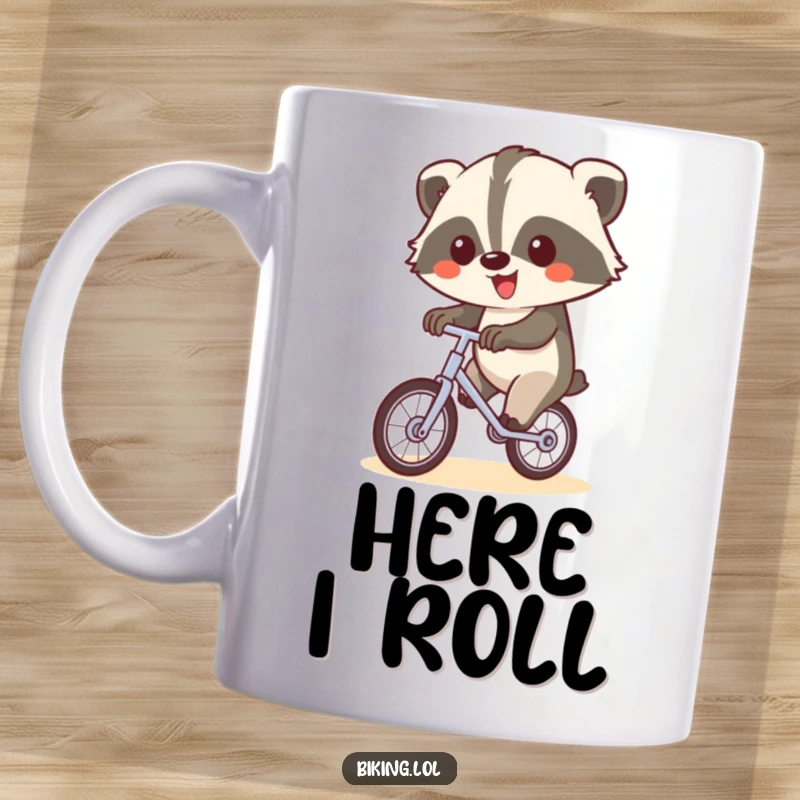 Funny badger mug showing a happy badger balancing on a unicycle, waving a paw, perfect for a funny gift.