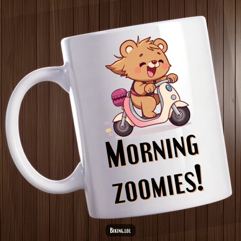 Funny bear cub zooming downhill on a scooter with hair flying, conveying exhilaration and joy, a perfect funny gift for thrill-seekers.