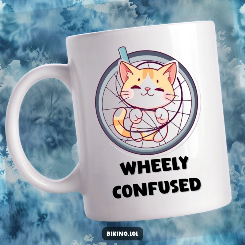 Funny mug featuring a bewildered but happy cat tangled in bicycle spokes, a comical and relatable scene for pet lovers.