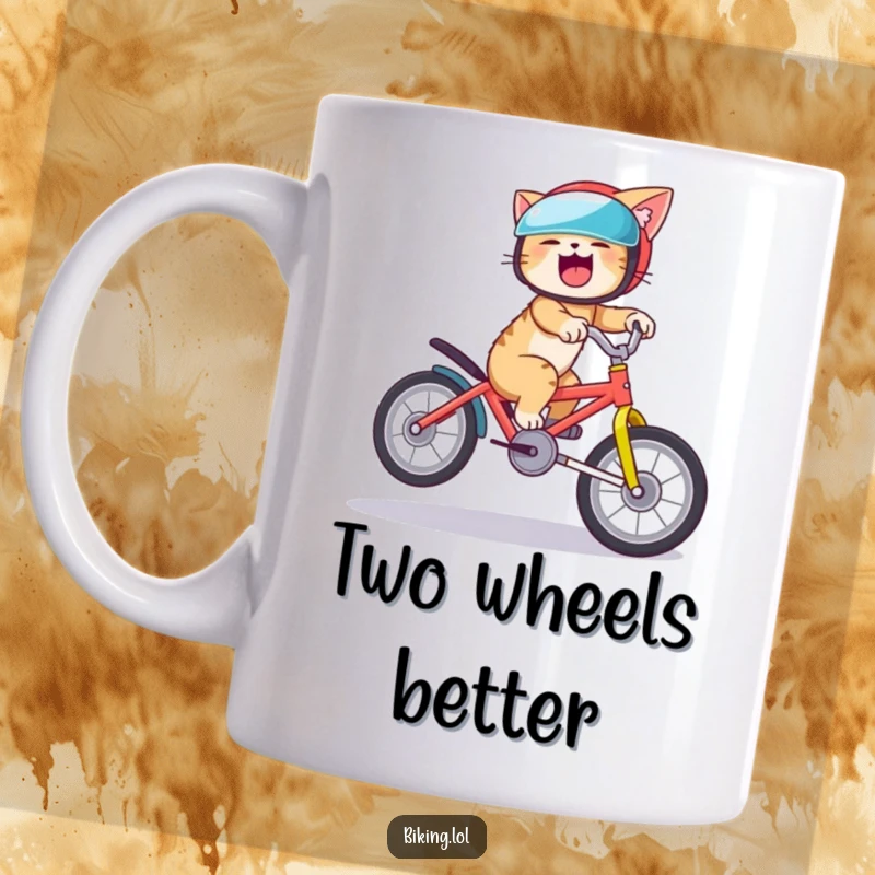 Funny coffee mug featuring a giggling cat wearing a helmet, attempting a bike wheelie with sheer joy and mischief.