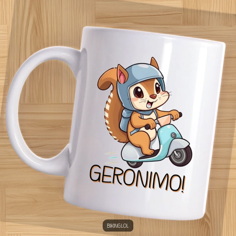 Funny mug featuring a wide-eyed squirrel in a helmet, hilariously speeding downhill on a scooter, embodying pure, unhinged joy and adventure.