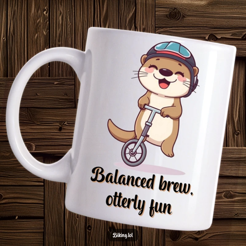 Funny otter mug featuring a happy otter wearing a helmet, balancing on a unicycle while juggling, a comical scene.