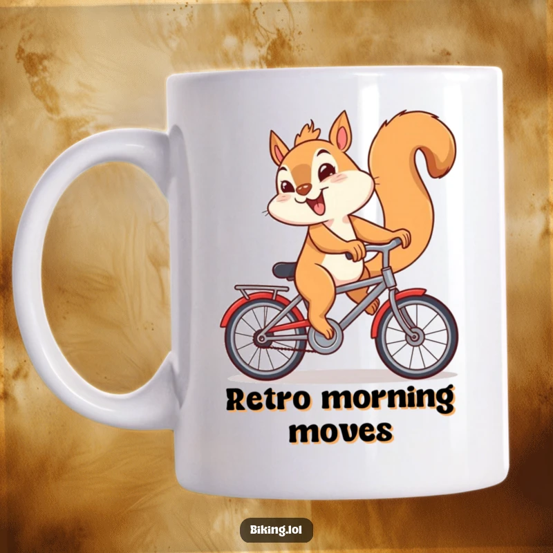 Funny squirrel mug showing a giggling squirrel riding a bicycle backwards with a mischievous expression.