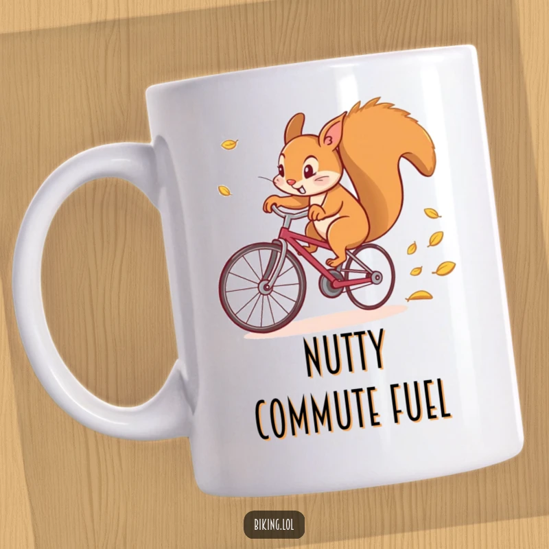 Funny mug illustration of a determined squirrel comically riding a bicycle at top speed, leaving a trail of flying leaves behind.