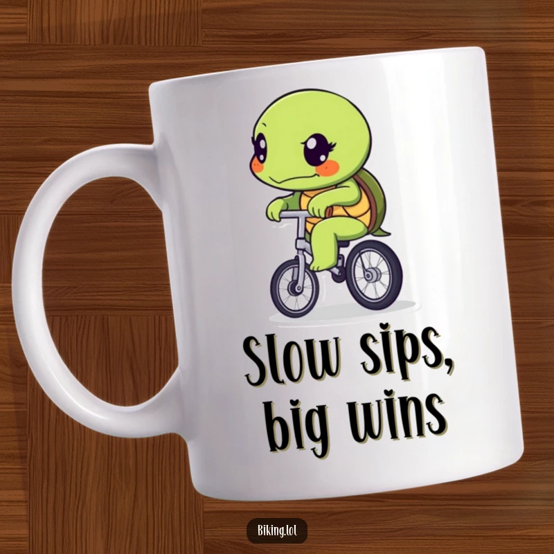 Funny determined turtle character slowly but surely pedaling a unicycle, a motivational and humorous mug.