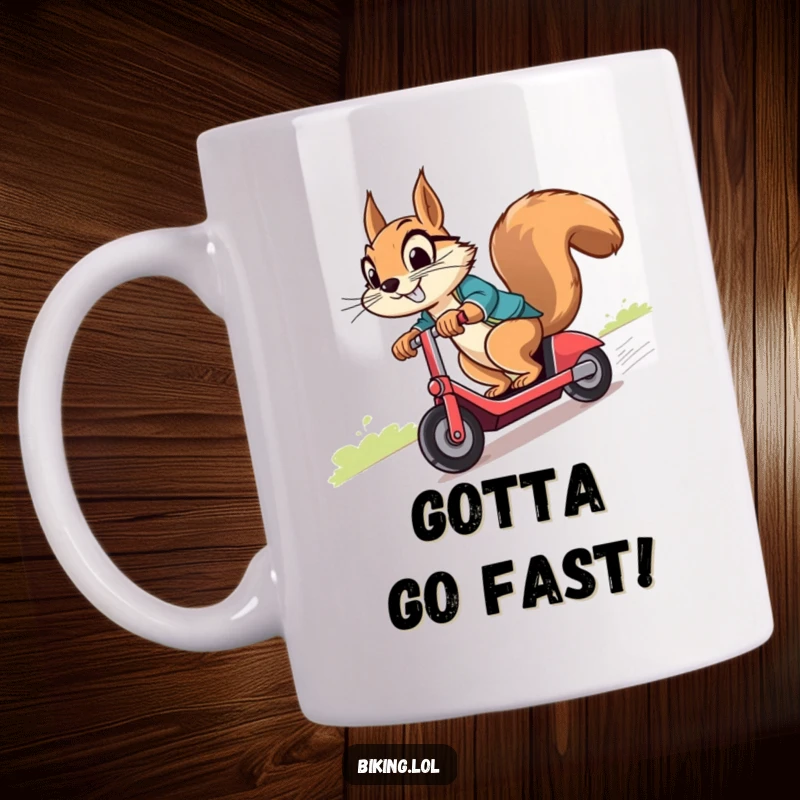 Funny squirrel zooming downhill on a scooter, with a cheeky grin, ready for adventure, on a coffee mug.