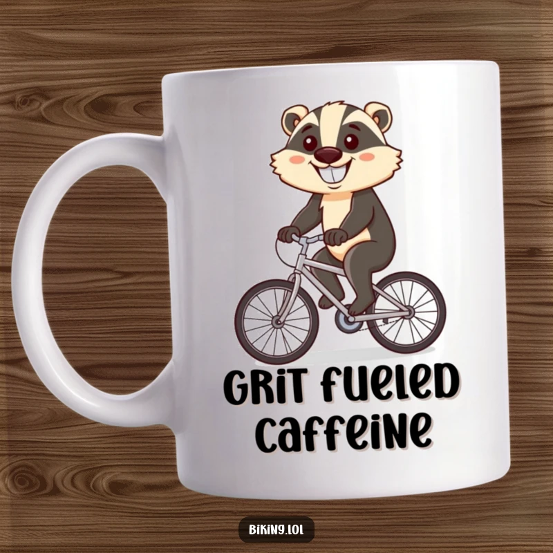 Funny mug featuring a determined badger with a huge grin, cycling uphill, symbolizing perseverance and humor.