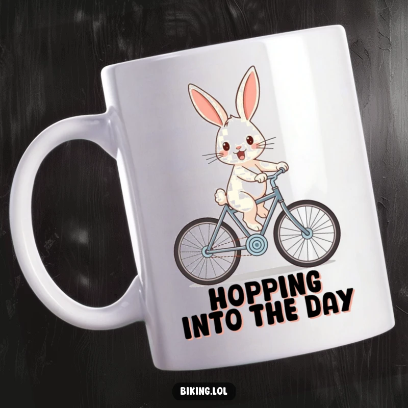 Funny rabbit mug showing a cheerful rabbit zooming downhill on a bicycle with wind-swept ears, full of exhilarating joy.