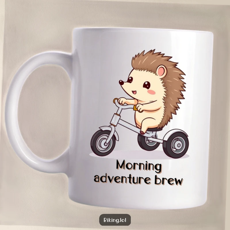 Funny mug featuring a curious hedgehog excitedly pointing forward while riding a tricycle.