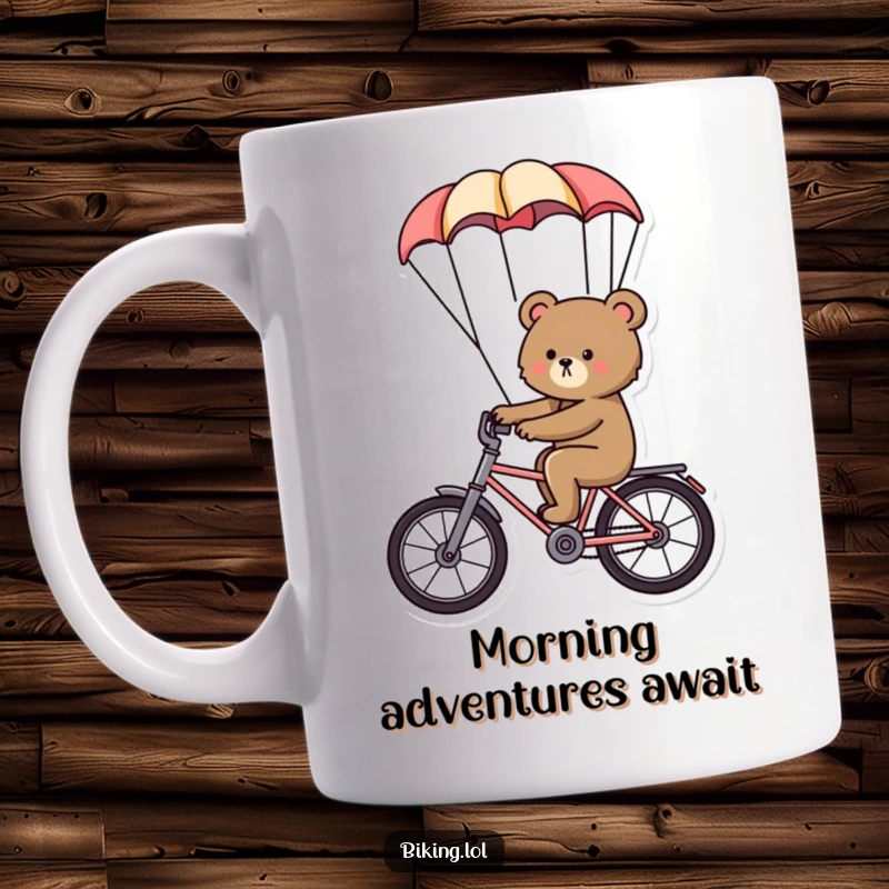 Funny bear mug, a determined bear riding a bike with a large parachute billowing behind, adventurous humor.