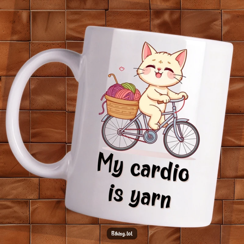 Funny mug with a giggling cat joyfully riding a bicycle, basket overflowing with colorful yarn, capturing pure, unadulterated feline fun.