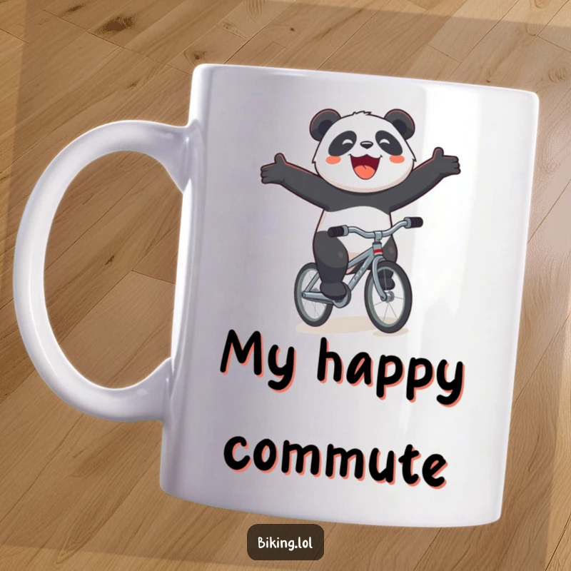 Funny panda bicycle mug, a joyful panda with arms outstretched, riding a tiny bicycle downhill with a massive smile, full of excitement.