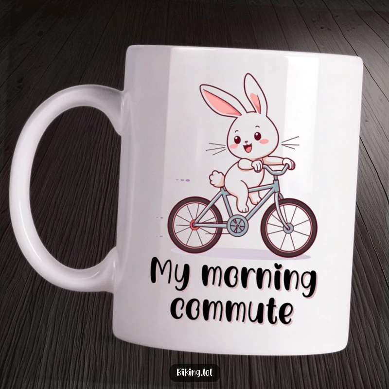 Funny mug with a joyous bunny zooming downhill on a tiny bicycle, wind in its ears, pure exhilaration captured.