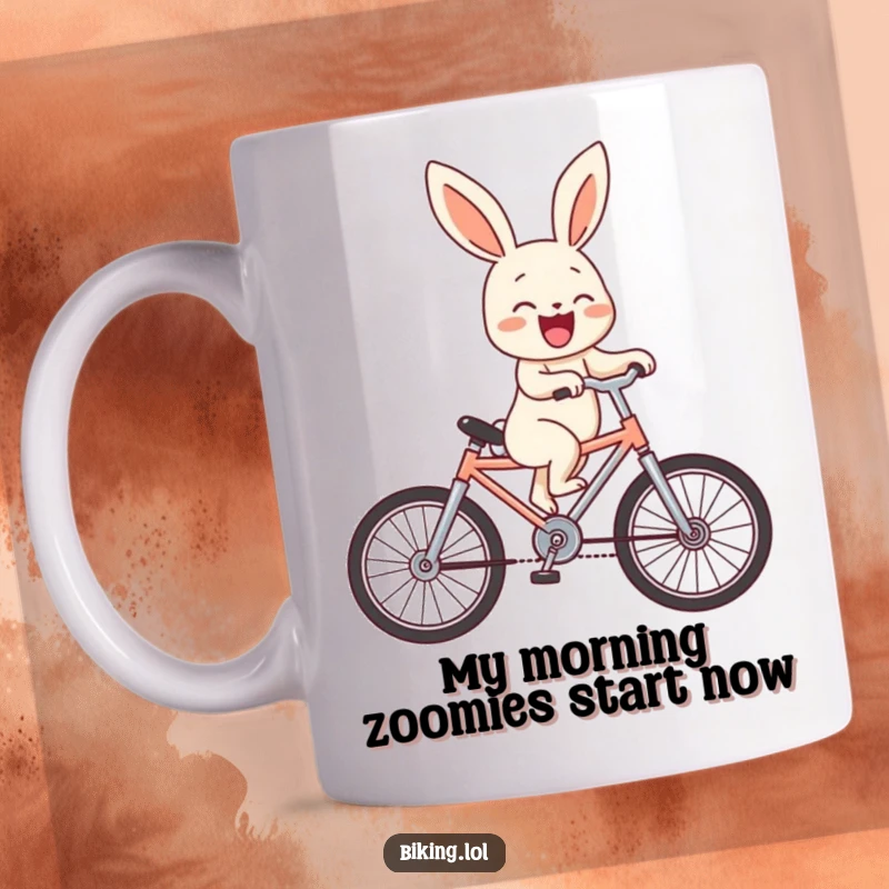 Funny bunny character laughing while doing a wheelie on a tiny bicycle, a comical scene for this hilarious mug.