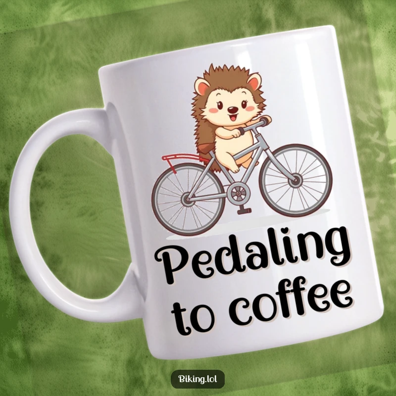 Funny mug depicting a happy hedgehog enthusiastically pedaling a tiny bicycle equipped with comically oversized wheels, embracing the journey.