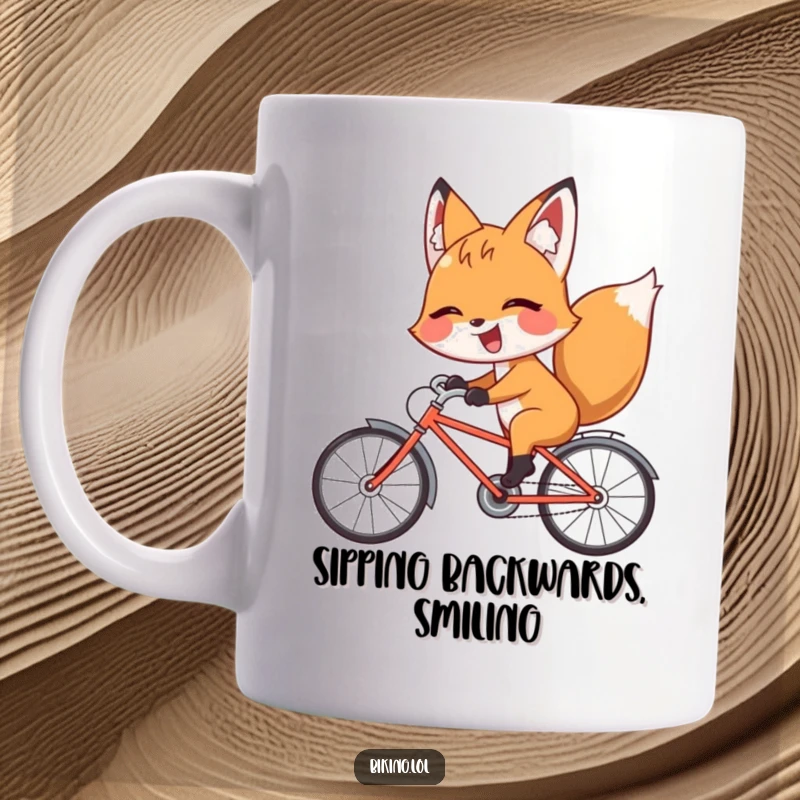 Funny fox mug showing a giggling fox riding a bicycle backward with a playful wink, embodying cheeky fun.