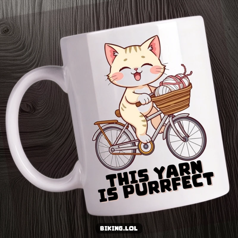Funny giggling cat riding a bicycle with a basket full of colourful yarn, depicted on this delightful mug.