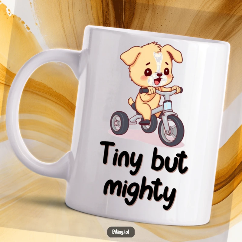 Funny puppy pedaling a tiny tricycle with immense effort and a happy expression, a humorous and heartwarming funny gift.