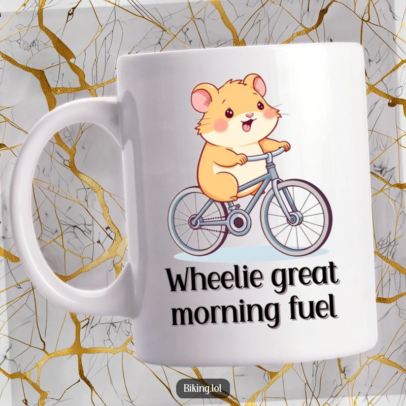 Funny Hamster Power Mug, a smiling hamster pedaling a tiny bicycle with oversized wheels, showcasing energetic fun, a perfect cute gift.