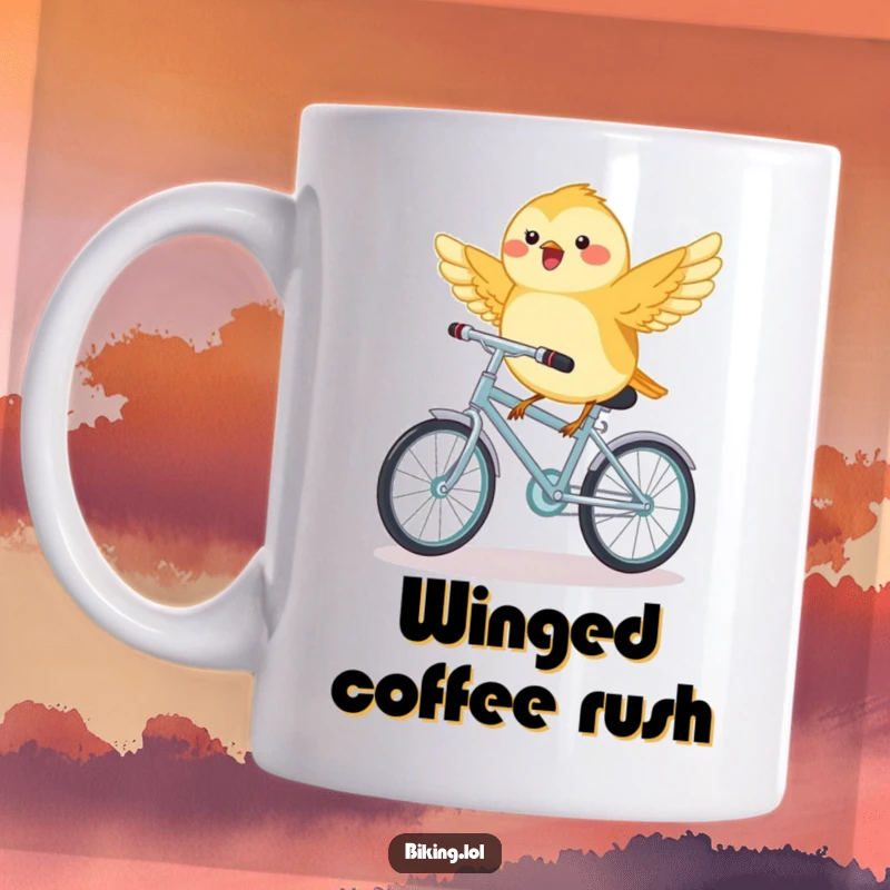 Funny chickadee bird joyfully riding a miniature bicycle with wings outstretched, showing a delightful flight.