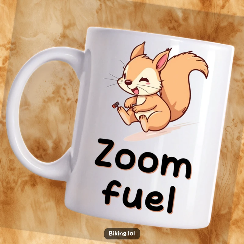 Funny mug featuring a playful squirrel zipping downhill on a bike with wind in its fur.